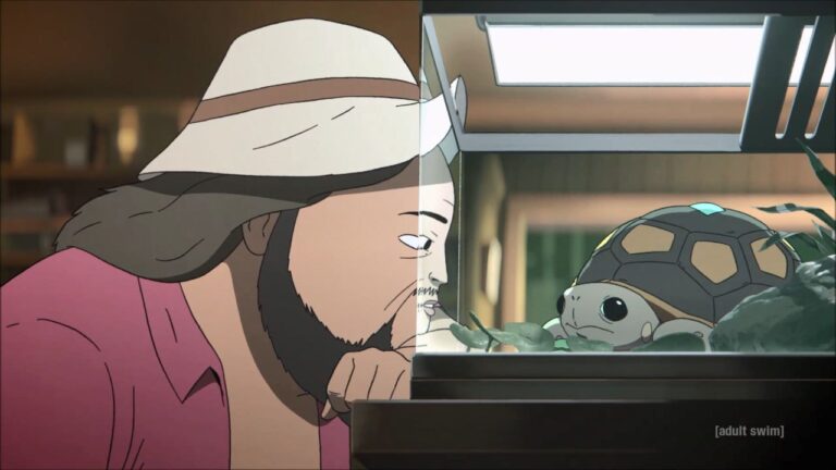Marshall Cuso contemplates life and mushrooms beside a turtle, highlighting his quirky charm in Common Side Effects.