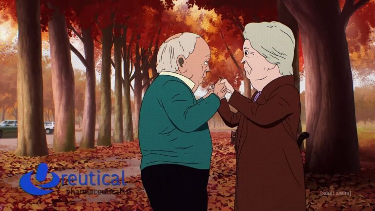 Animated scene shows elderly couple sharing emotional moment in autumn forest, subtly branded with Reutical Pharmaceuticals logo, symbolizing manipulative pharma marketing.