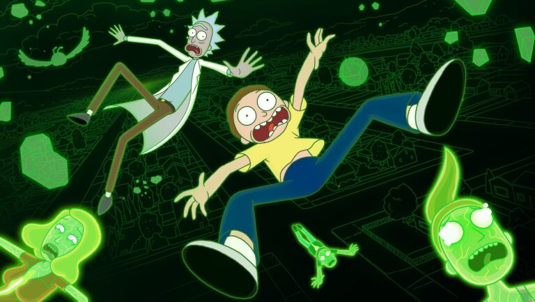 Rick and Morty falling through green dimension portals, perfect for fans of Common Side Effects’ surreal sci-fi humor and chaos.