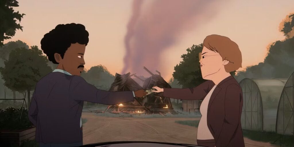 Copano and Harrington share a dramatic fist bump as flames rise behind them in Common Side Effects’ chaotic mushroom-fueled world.