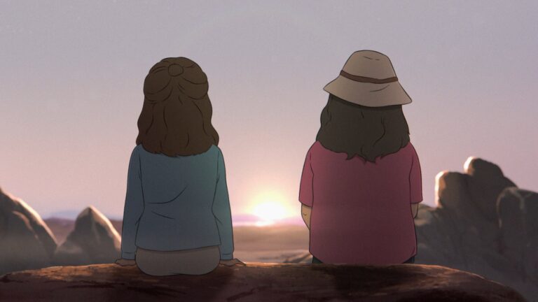 Frances Applewhite and companion watch the sunset, reflecting on loyalty and personal loss in a quiet moment of connection.