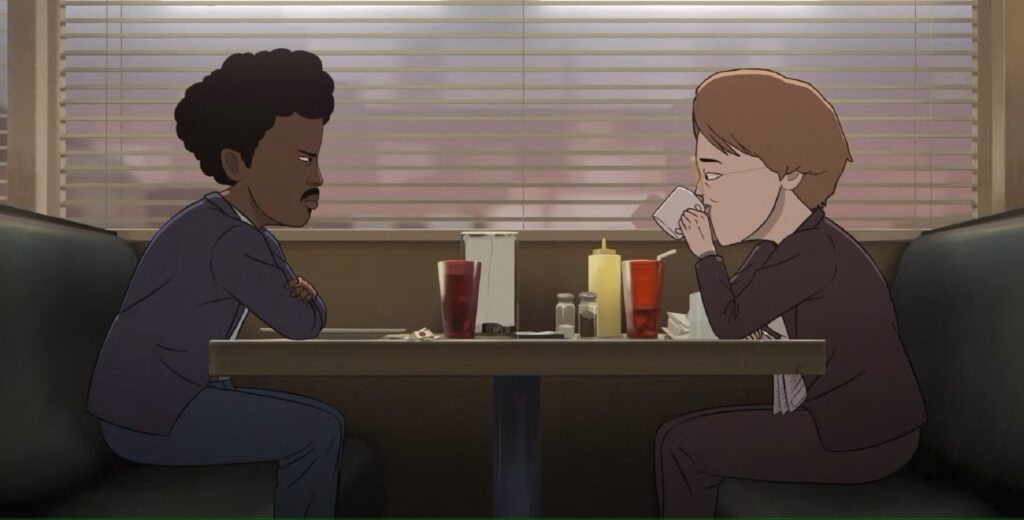 Agent share tense diner moment in Common Side Effects, Season 1—Adult Swim’s surreal pharma-conspiracy animated thriller.