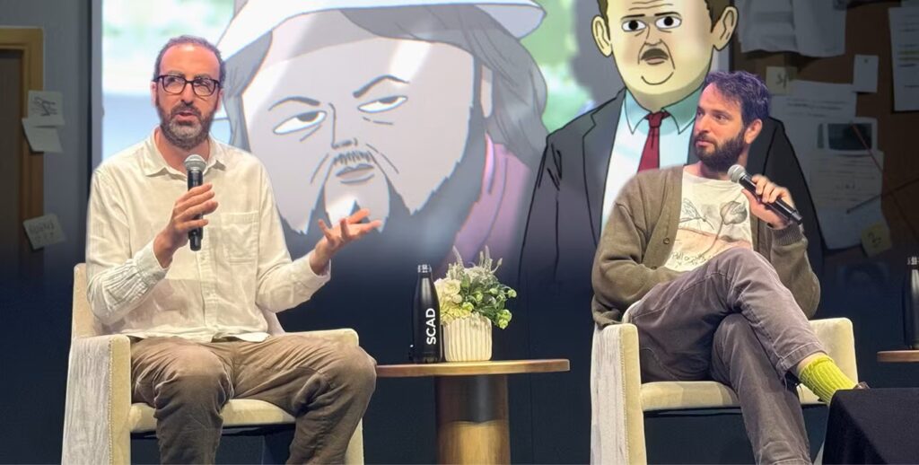 Co-creators Joe Bennett and Steve Hely discuss Common Side Effects during a panel, with animated characters shown on screen behind.