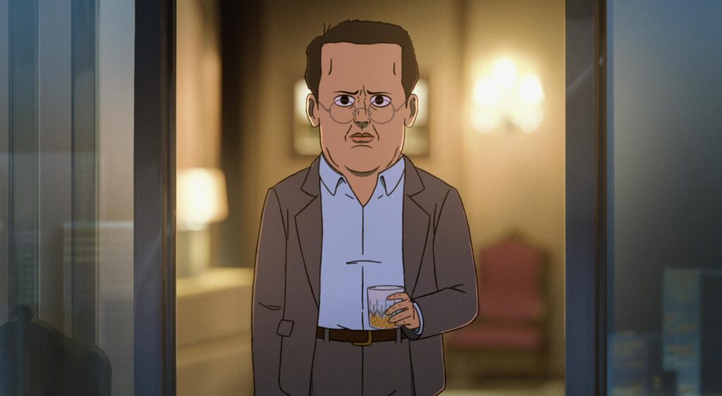 Reutical CEO Rick Kruger stares out grimly with a drink in hand, embodying corporate greed in Common Side Effects.