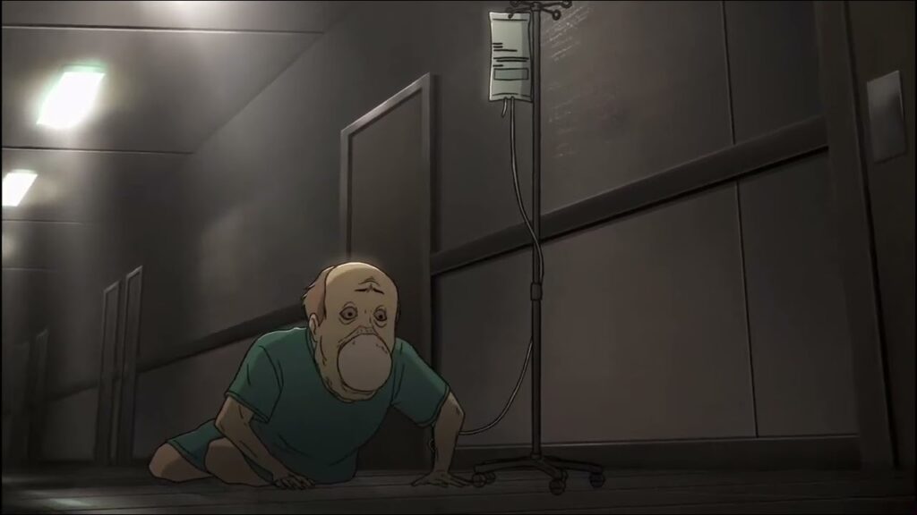 Hallucinating Jonas Backstein crawls through hospital corridor during mushroom overdose in Common Side Effects’ grotesque season finale.