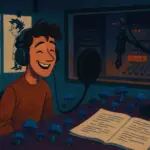 Dave King in the recording booth, Marshall Cuso character storyboard, script pages, and blue mushrooms on a desk.
