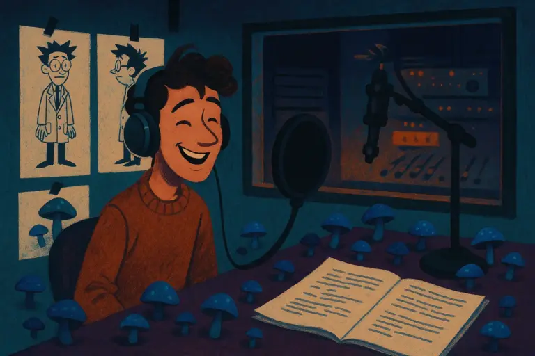 Dave King in the recording booth, Marshall Cuso character storyboard, script pages, and blue mushrooms on a desk.
