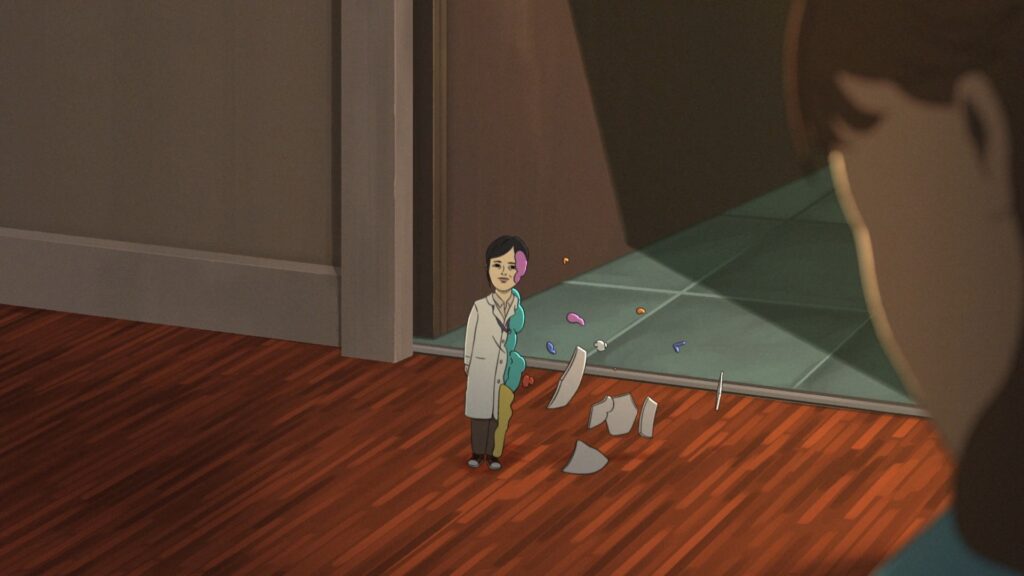 She hallucinates a little white figure walking around without any eyes, almost like it’s blind