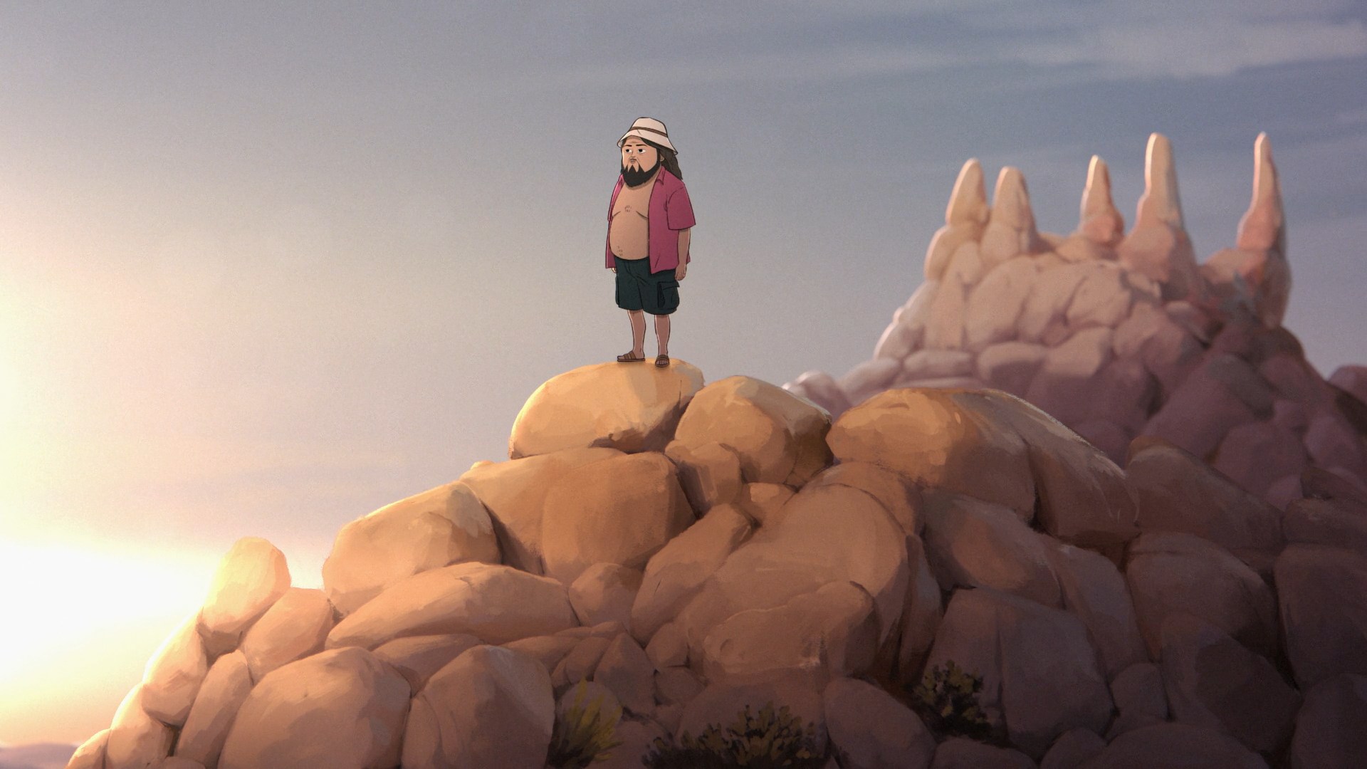 Marshall and Frances under surreal lighting discovering the Blue Angel Mushroom